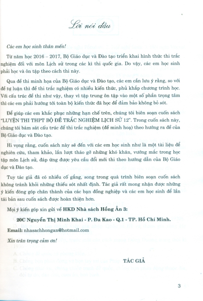 LUYỆN THI THPT BỘ ĐỀ TRẮC NGHIỆM LỊCH SỬ LỚP 12 (Dùng chung cho các bộ SGK hiện hành)